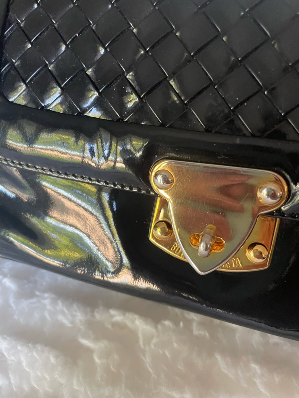 Bottega Veneta Black Patent Shoulder Bag with Gold Lock